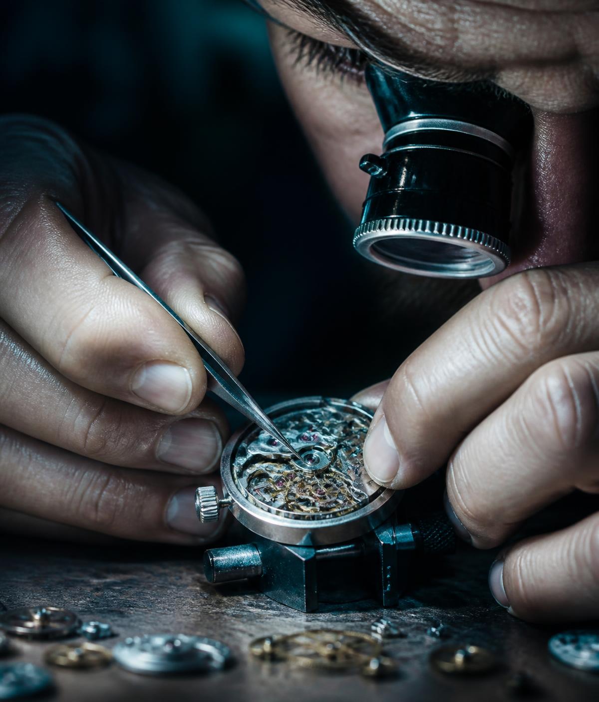 Horloger travaillant à la loupe sur un mouvement d'horloge ancien