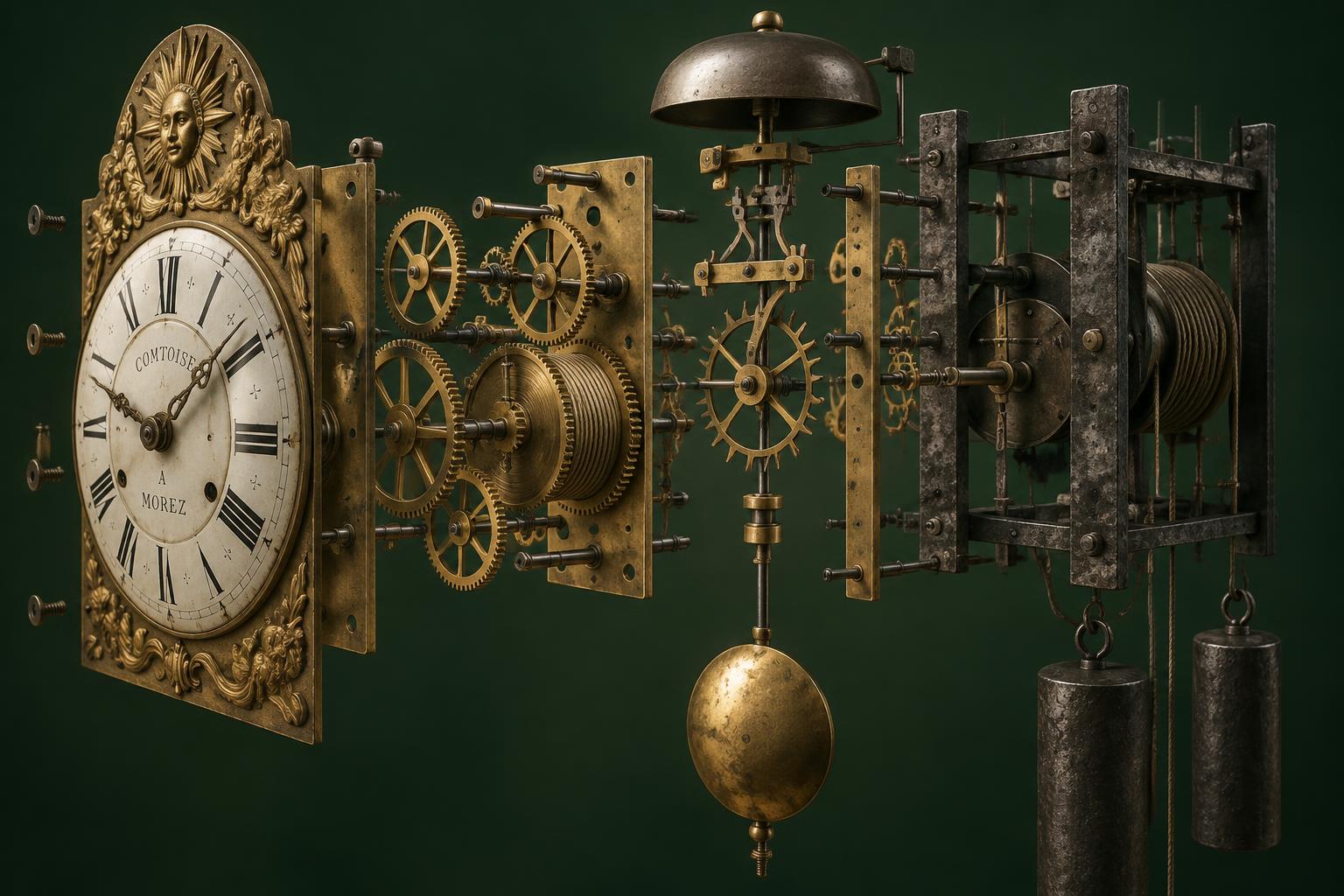 Vue 3D éclatée d'un mécanisme d'horloge comtoise : cadran, rouages, échappement, balancier et poids